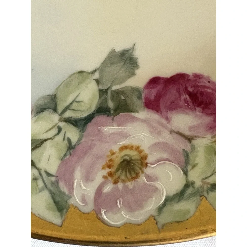 VTG MZ Austria Hand Painted Roses Porcelain Cake Plate Gold Handles Limoges Like